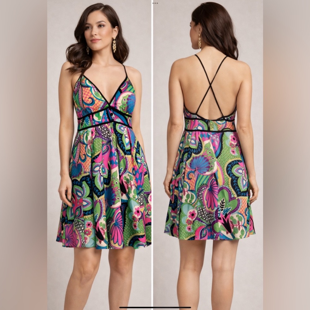 BOSTON PROPER VINTAGE Y2K NEON SILK FLORAL HALTER‎ DRESS. M, RETRO,BRIGHT PARTY